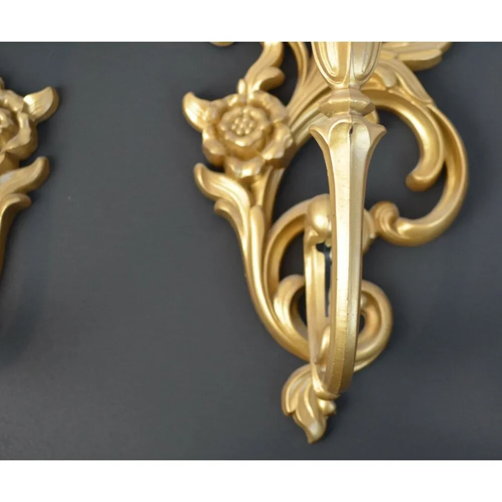 Syroco Vintage Hollywood Regency Gold Painted Candle Sconces with Milkglass Voti